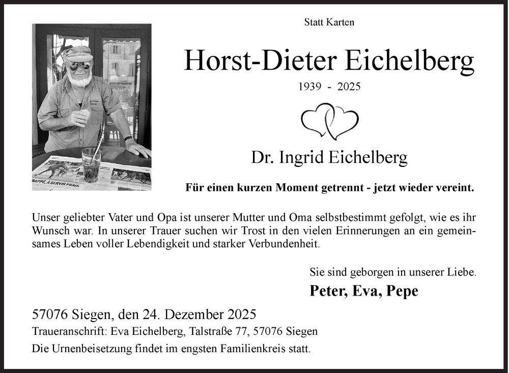  Traueranzeige für Horst-Dieter Eichelberg vom 24.12.2025 aus Siegener Zeitung