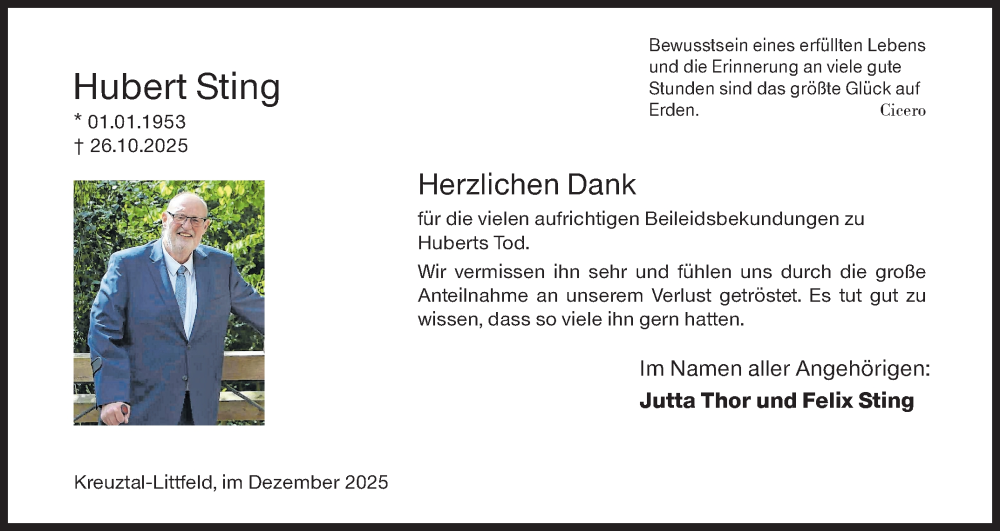  Traueranzeige für Hubert Sting vom 13.12.2025 aus Siegener Zeitung