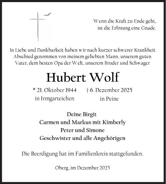 Traueranzeige von Hubert Wolf von Siegener Zeitung