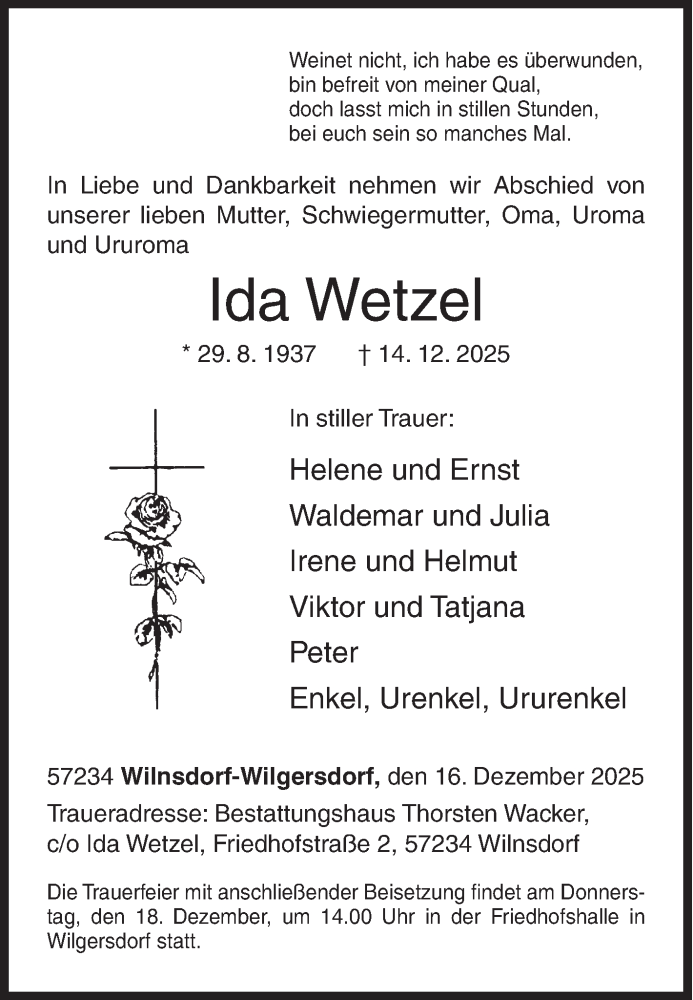  Traueranzeige für Ida Wetzel vom 16.12.2025 aus Siegener Zeitung