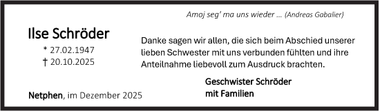 Traueranzeige von Ilse Schröder von Siegener Zeitung