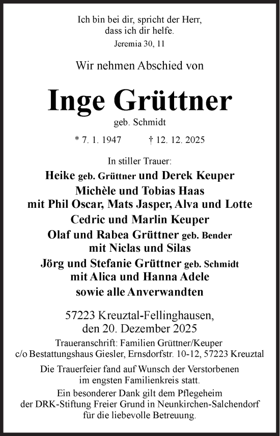 Traueranzeige von Inge Grüttner von Siegener Zeitung