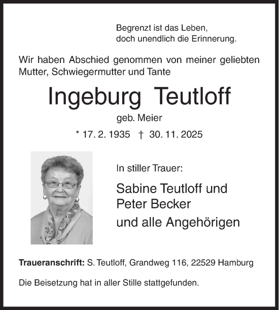 Traueranzeige von Ingeburg Teutloff von Siegener Zeitung