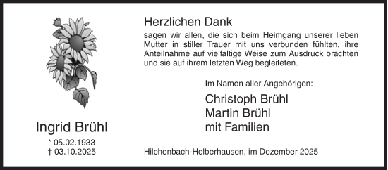 Traueranzeige von Ingrid Brühl von Siegener Zeitung