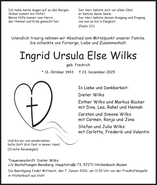 Traueranzeige von Ingrid Ursula Else Wilks von Siegener Zeitung
