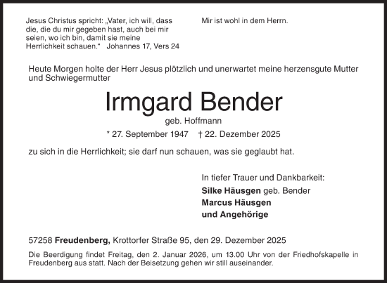 Traueranzeige von Irmgard Bender von Siegener Zeitung