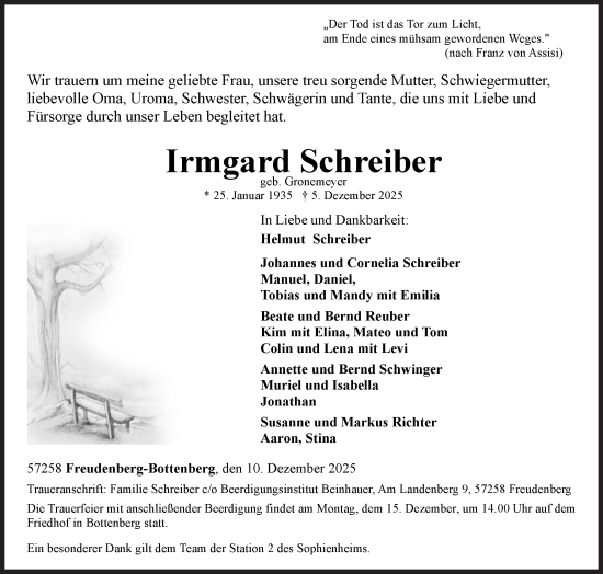 Traueranzeige von Irmgard Schreiber von Siegener Zeitung