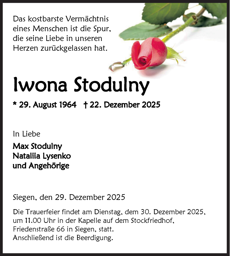  Traueranzeige für Iwona Stodulny vom 29.12.2025 aus Siegener Zeitung