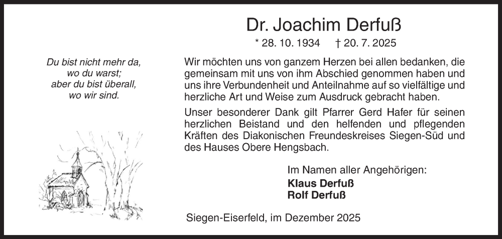  Traueranzeige für Joachim Derfuß vom 06.12.2025 aus Siegener Zeitung