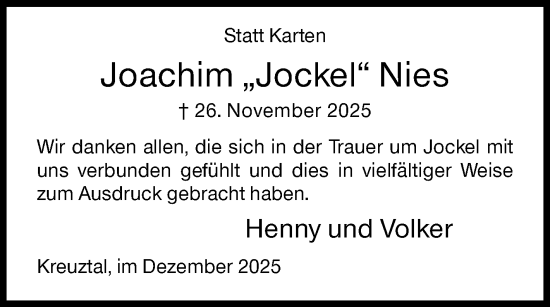 Traueranzeige von Joachim Nies von Siegener Zeitung