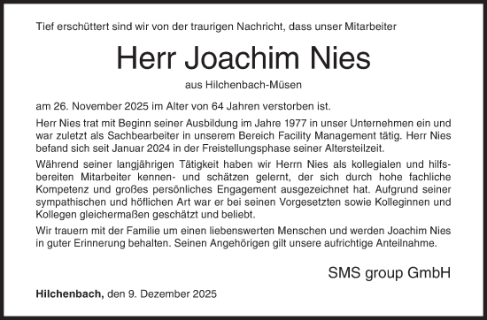 Traueranzeige von Joachim Nies von Siegener Zeitung