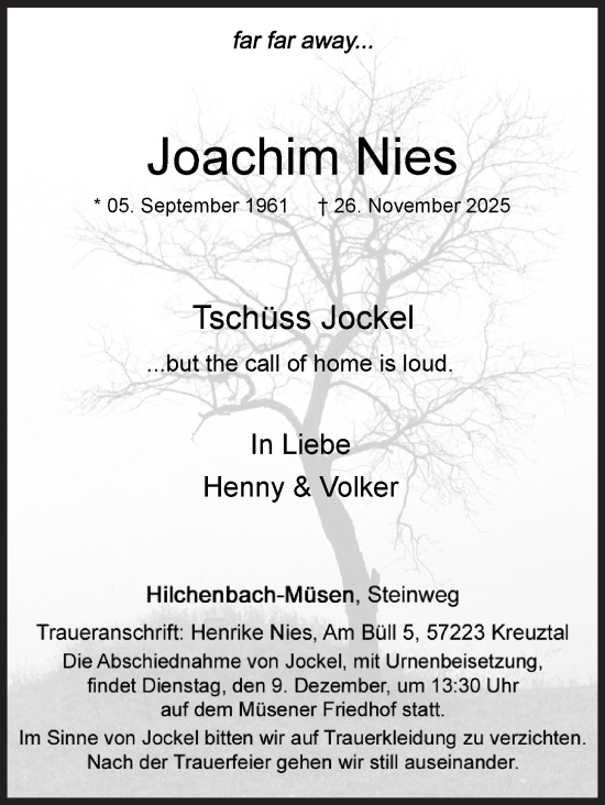 Traueranzeige von Joachim Nies von Siegener Zeitung