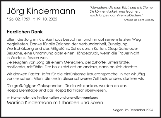 Traueranzeige von Jörg Kindermann von Siegener Zeitung