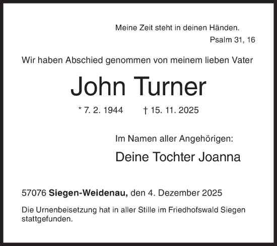 Traueranzeige von John Turner von Siegener Zeitung