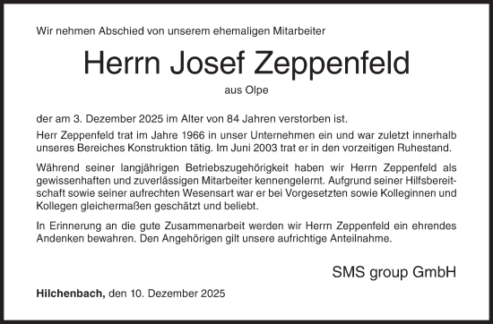 Traueranzeige von Josef Zeppenfeld von Siegener Zeitung