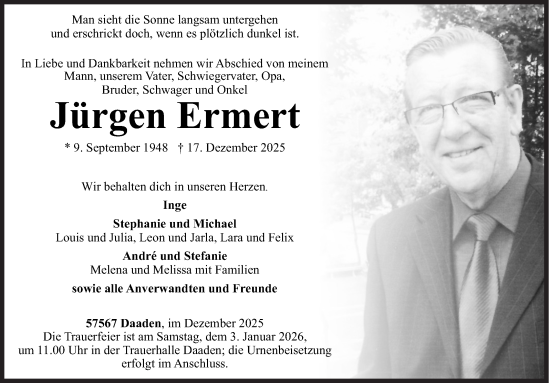 Traueranzeige von Jürgen Ermert von Siegener Zeitung