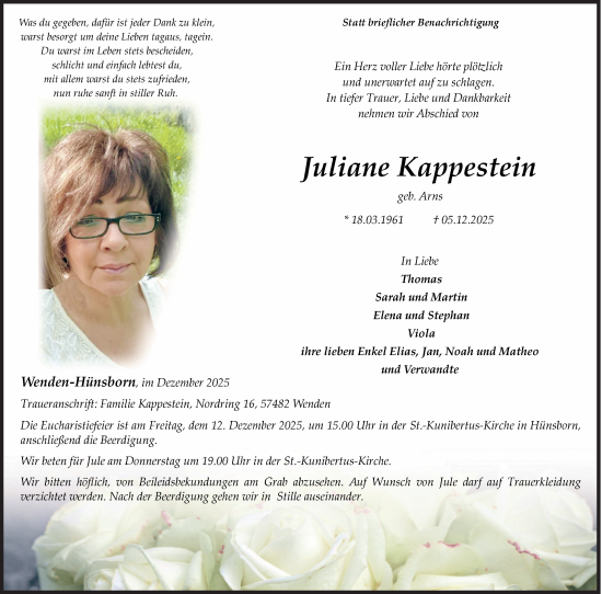 Traueranzeige von Juliane Kappestein von Siegener Zeitung