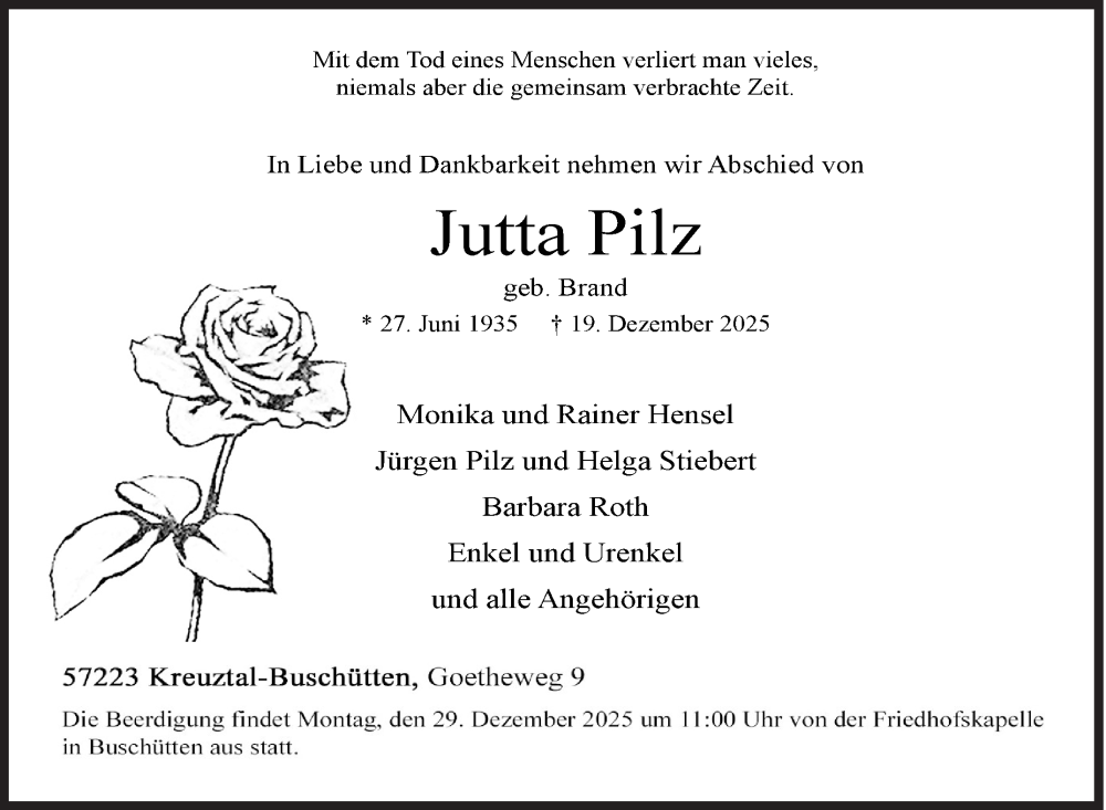  Traueranzeige für Jutta Pilz vom 27.12.2025 aus Siegener Zeitung