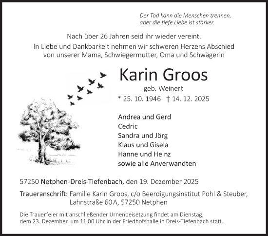 Traueranzeige von Karin Groos von Siegener Zeitung