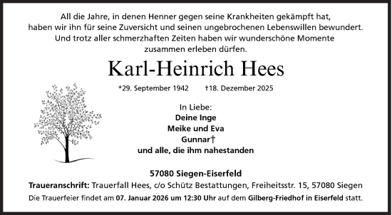 Traueranzeige von Karl-Heinrich Hees von Siegener Zeitung
