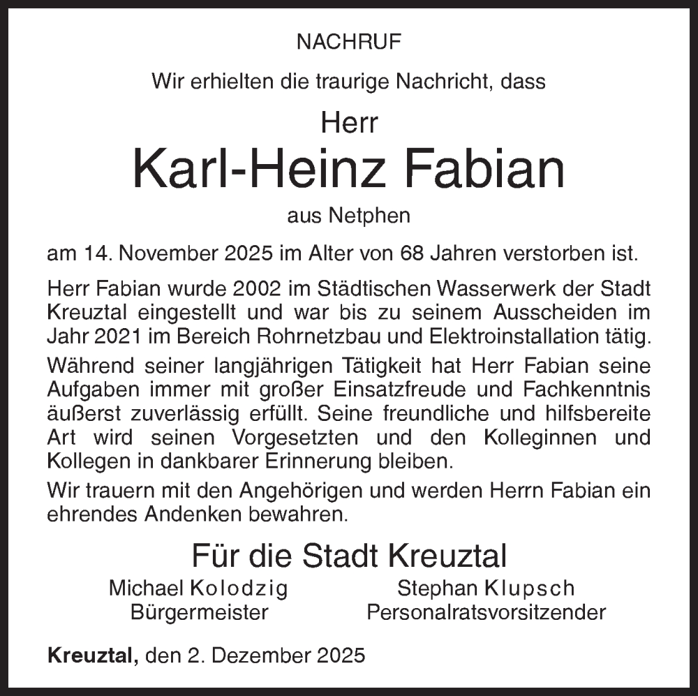  Traueranzeige für Karl-Heinz Fabian vom 02.12.2025 aus Siegener Zeitung