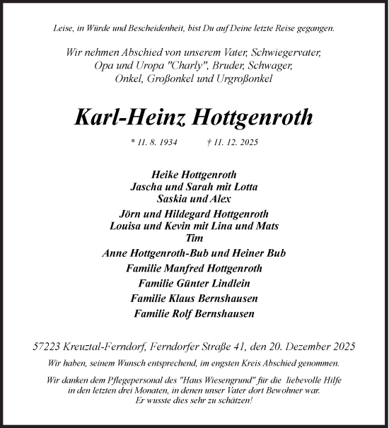 Traueranzeige von Karl-Heinz Hottgenroth von Siegener Zeitung