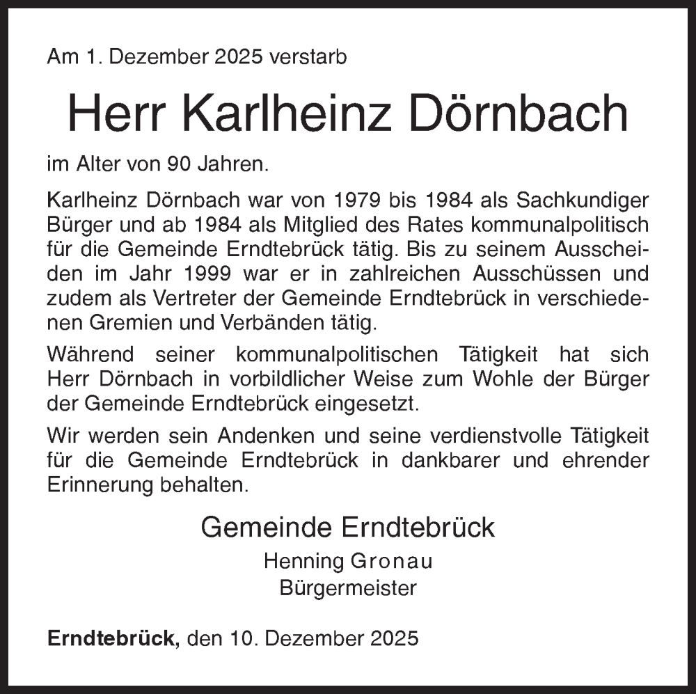  Traueranzeige für Karlheinz Dörnbach vom 10.12.2025 aus Siegener Zeitung