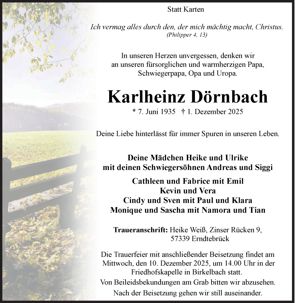  Traueranzeige für Karlheinz Dörnbach vom 06.12.2025 aus Siegener Zeitung