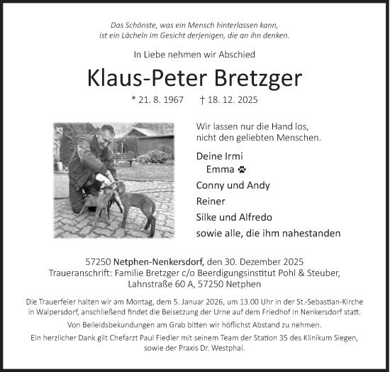 Traueranzeige von Klaus-Peter Bretzger von Siegener Zeitung