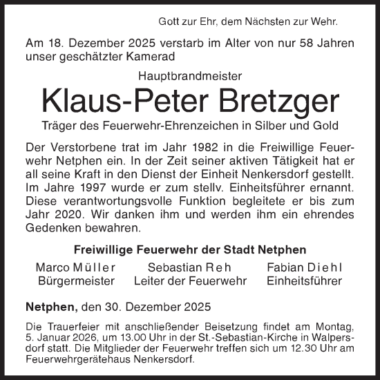 Traueranzeige von Klaus-Peter Bretzger von Siegener Zeitung
