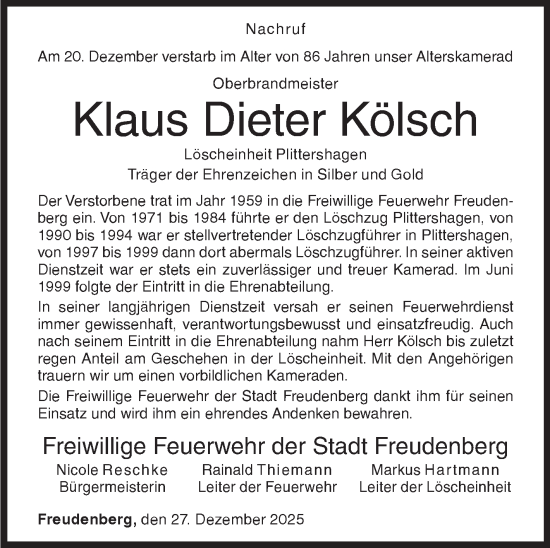 Traueranzeige von Klaus Dieter Kölsch von Siegener Zeitung