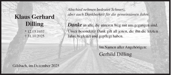 Traueranzeige von Klaus Gerhard Dilling von Siegener Zeitung