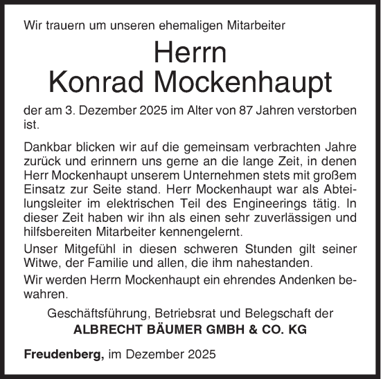 Traueranzeige von Konrad Mockenhaupt von Siegener Zeitung