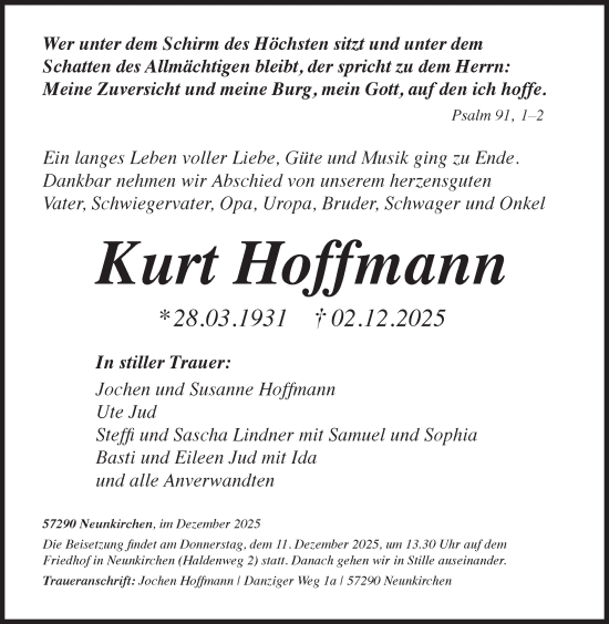 Traueranzeige von Kurt Hoffmann von Siegener Zeitung
