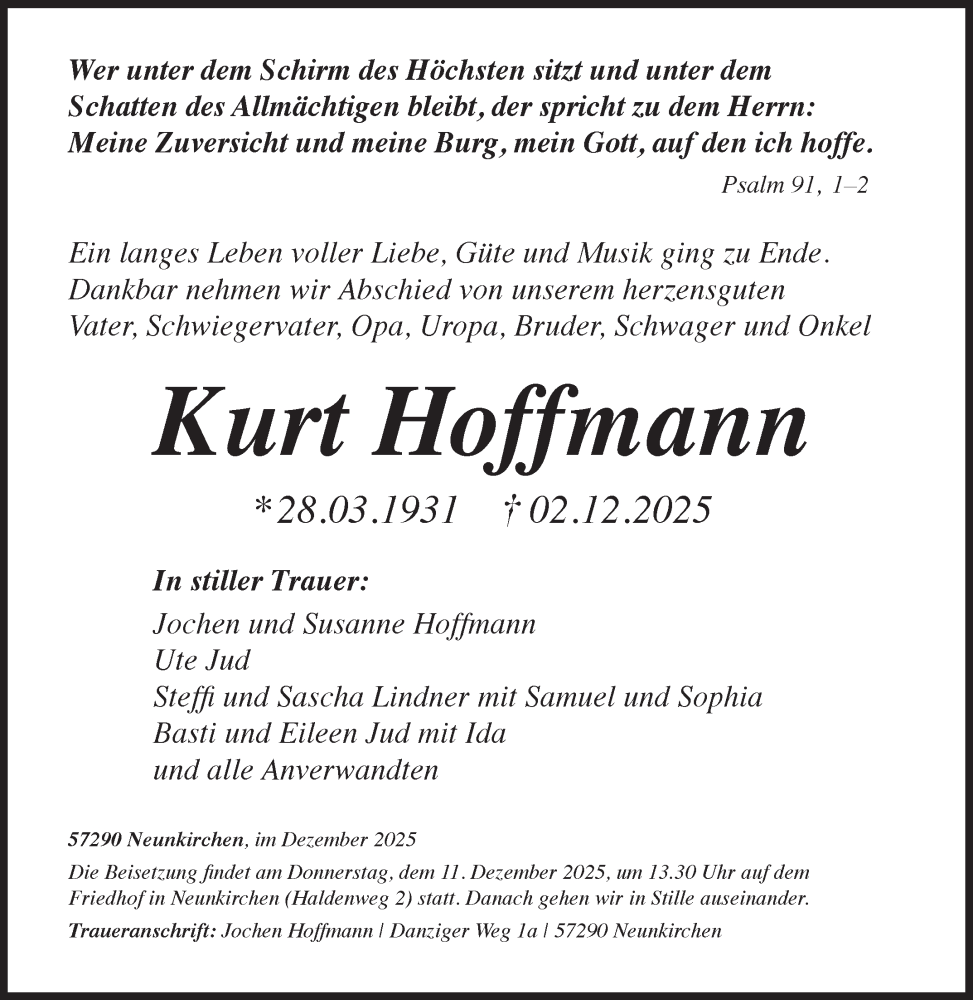  Traueranzeige für Kurt Hoffmann vom 08.12.2025 aus Siegener Zeitung