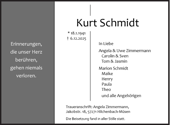 Traueranzeige von Kurt Schmidt von Siegener Zeitung