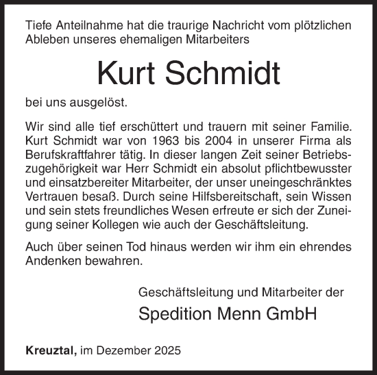 Traueranzeige von Kurt Schmidt von Siegener Zeitung