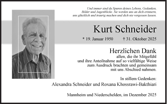 Traueranzeige von Kurt Schneider von Siegener Zeitung