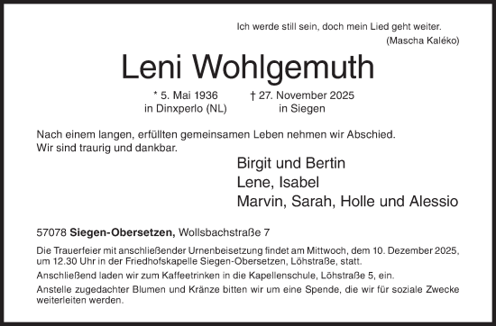 Traueranzeige von Leni Wohlgemuth von Siegener Zeitung