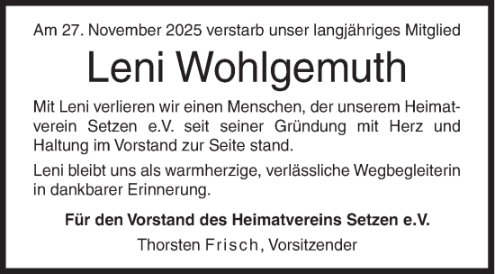 Traueranzeige von Leni Wohlgemuth von Siegener Zeitung