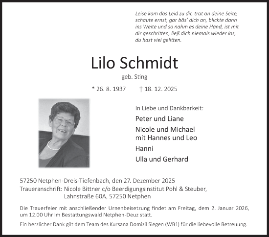Traueranzeige von Lilo Schmidt von Siegener Zeitung