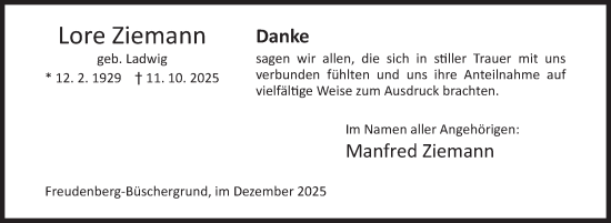 Traueranzeige von Lore Ziemann von Siegener Zeitung