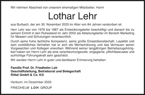 Traueranzeige von Lothar Lehr von Siegener Zeitung