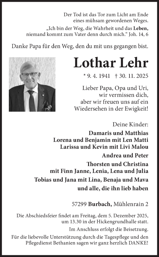  Traueranzeige für Lothar Lehr vom 03.12.2025 aus Siegener Zeitung