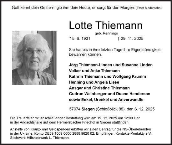 Traueranzeige von Lotte Thiemann von Siegener Zeitung