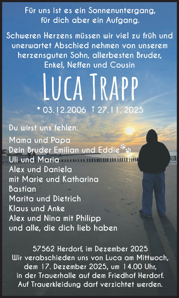  Traueranzeige für Luca Trapp vom 09.12.2025 aus Siegener Zeitung