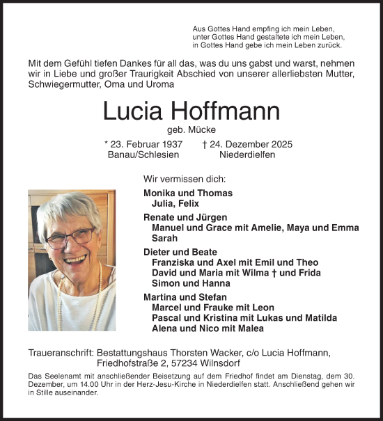 Traueranzeige von Lucia Hoffmann von Siegener Zeitung