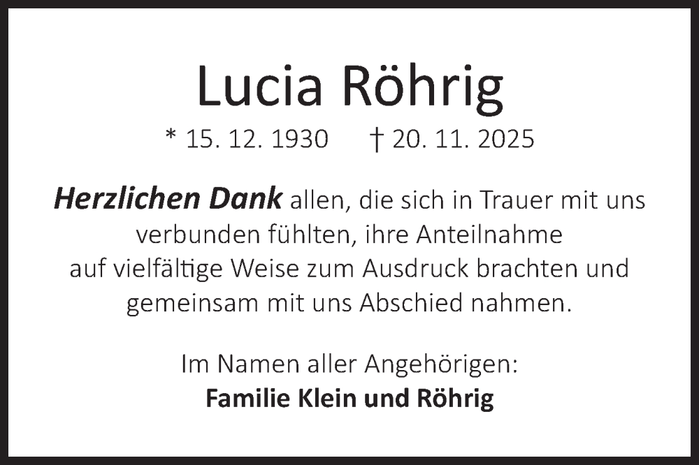 Traueranzeige für Lucia Röhrig vom 30.12.2025 aus Siegener Zeitung