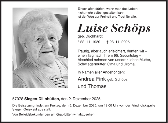Traueranzeige von Luise Schöps von Siegener Zeitung