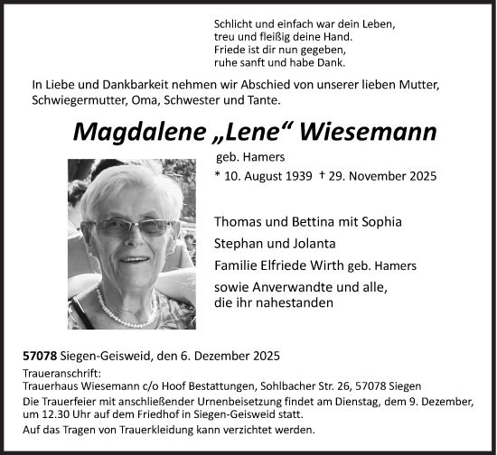 Traueranzeige von Magdalene Wiesemann von Siegener Zeitung